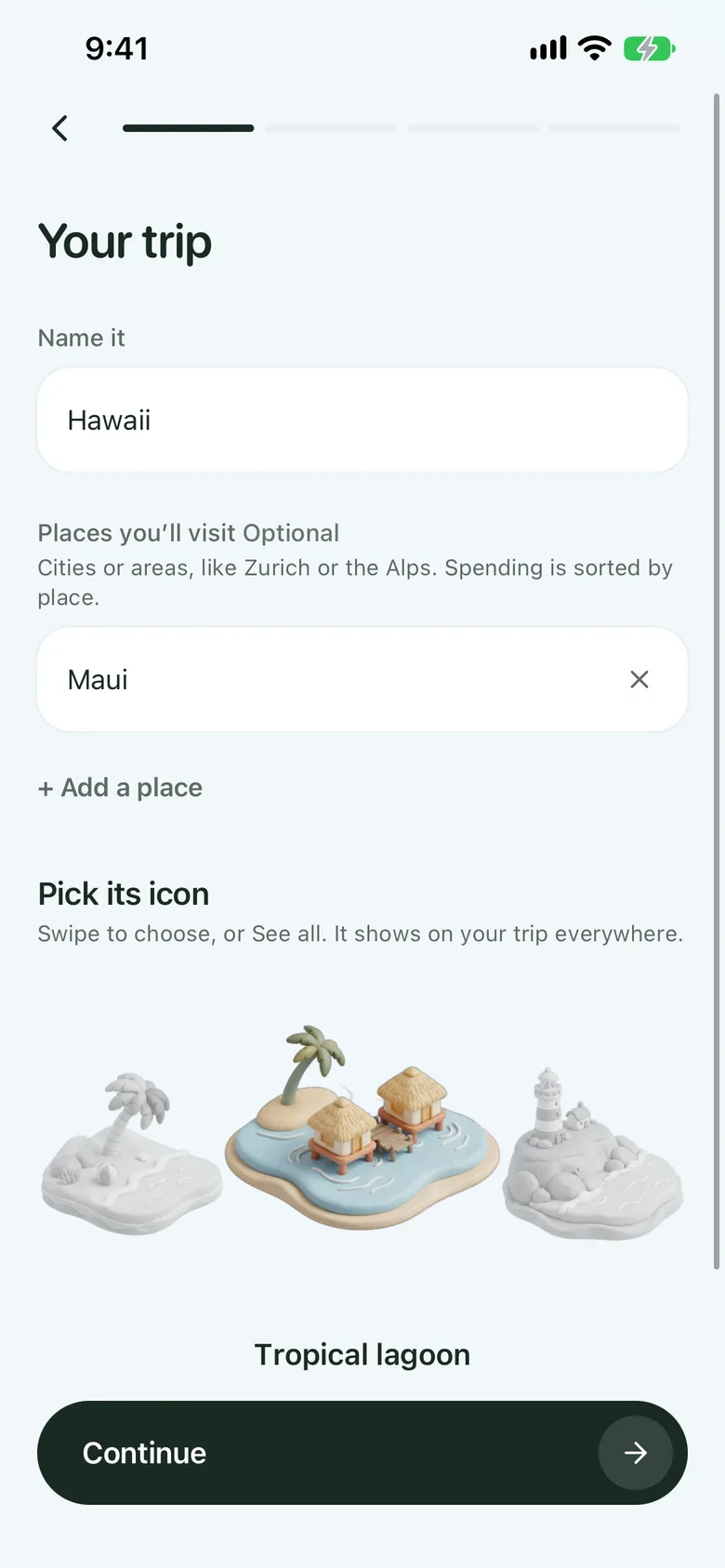 The Your trip screen: Hawaii, Maui, a tropical lagoon icon